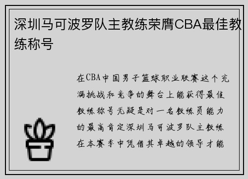 深圳马可波罗队主教练荣膺CBA最佳教练称号